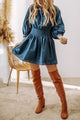 Roddie Prussian Blue 3/4 Sleeve Shirred High Waist Buttoned Mini Dress