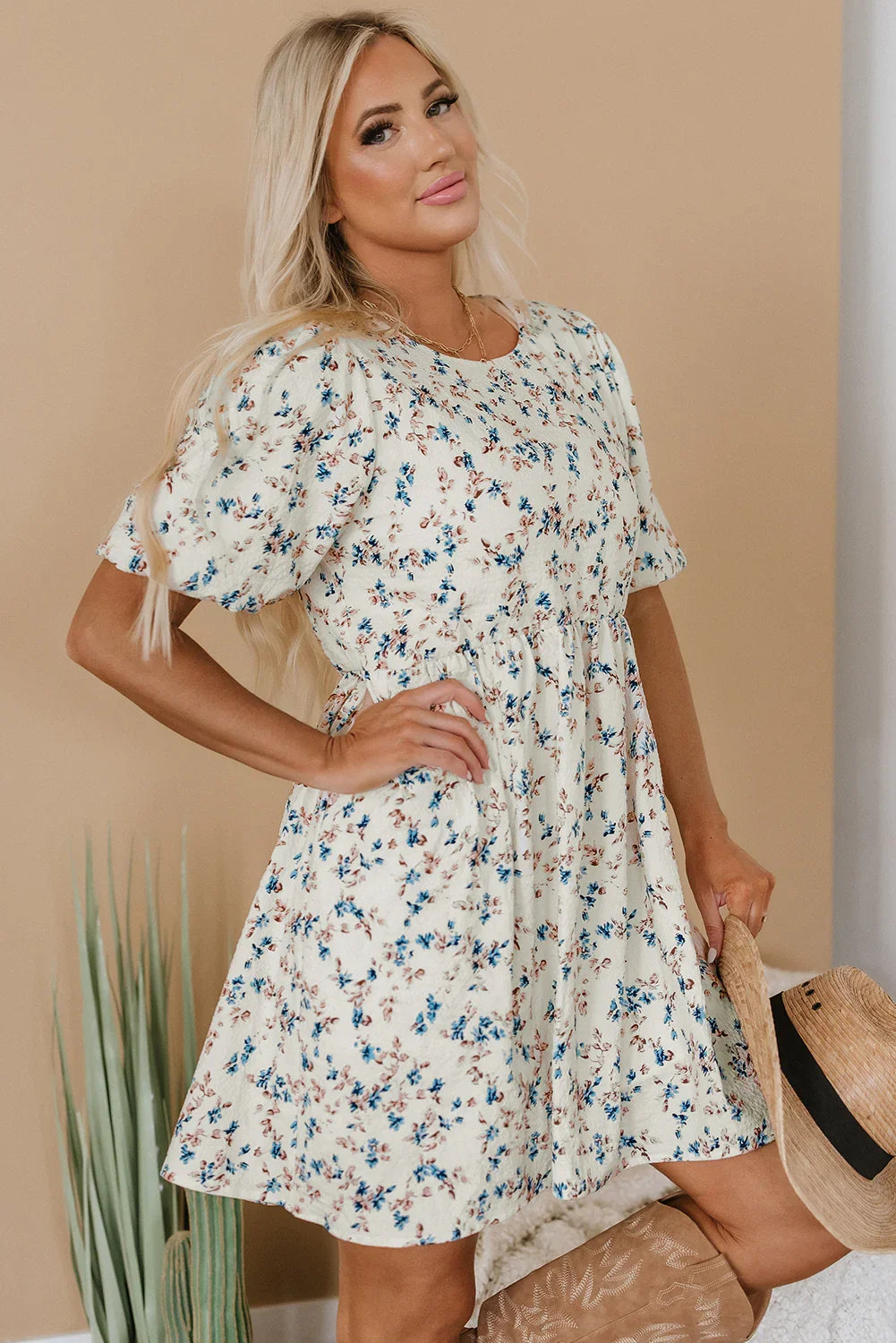 Marquees Beige Floral Puff Short Sleeve Empire Waist Mini Dress