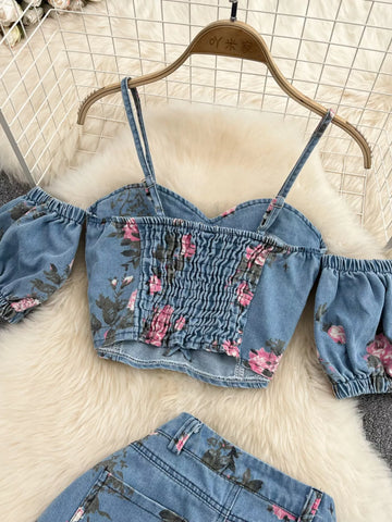 Ali Floral Print Sweetheart Neck Two Piece Sets