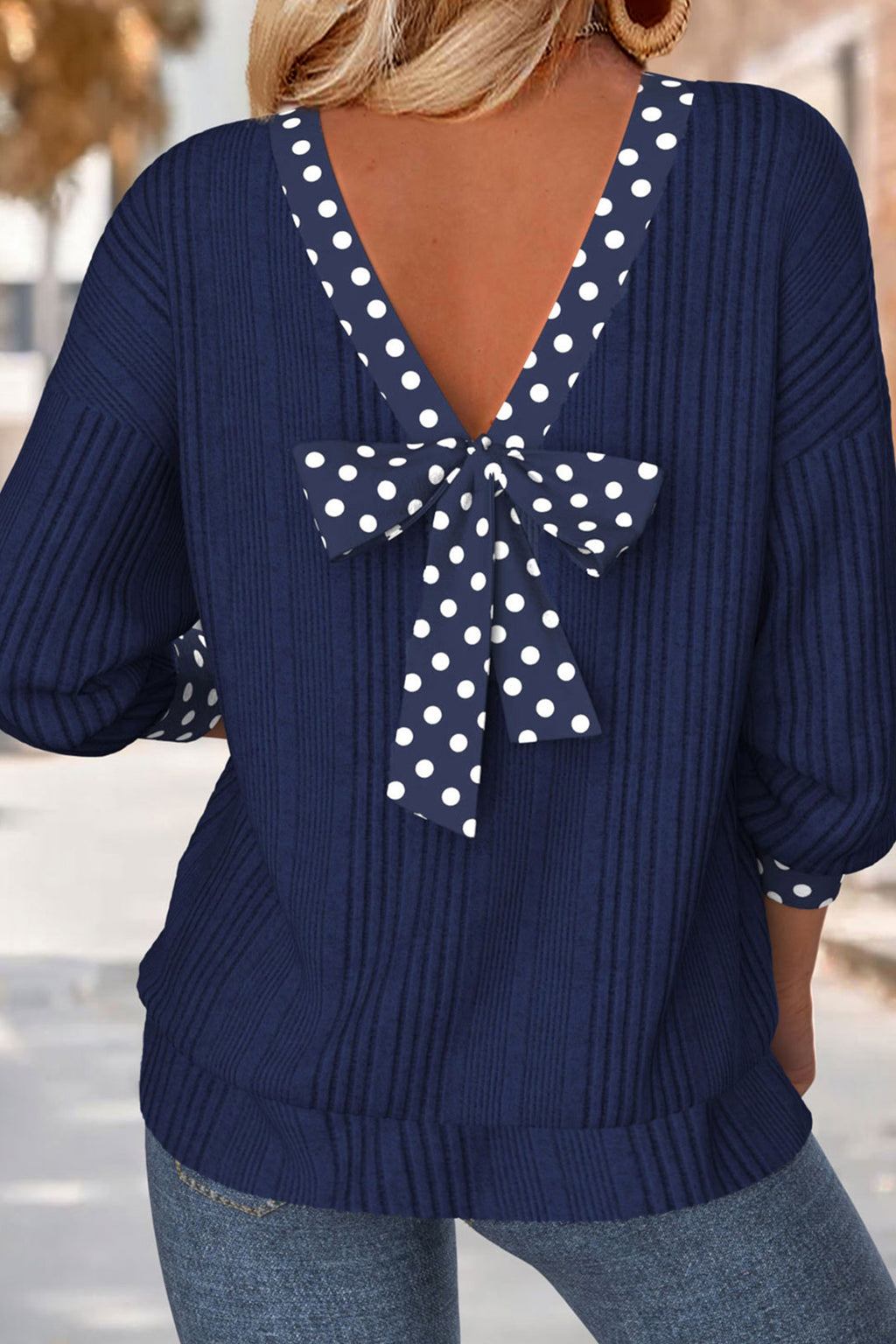 Polka Trimmed V Neck Bow Tie Ribbed