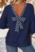 Polka Trimmed V Neck Bow Tie Ribbed