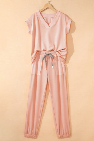 Rita Solid V-Neck Drawstring Two Piece Sets