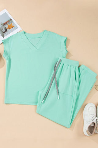 Rita Solid V-Neck Drawstring Two Piece Sets