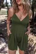 Mollie Moss Green Spaghetti Straps Cinched Waist Ribbed Romper