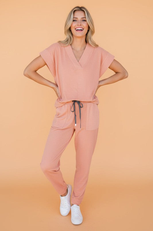 Rita Solid V-Neck Drawstring Two Piece Sets