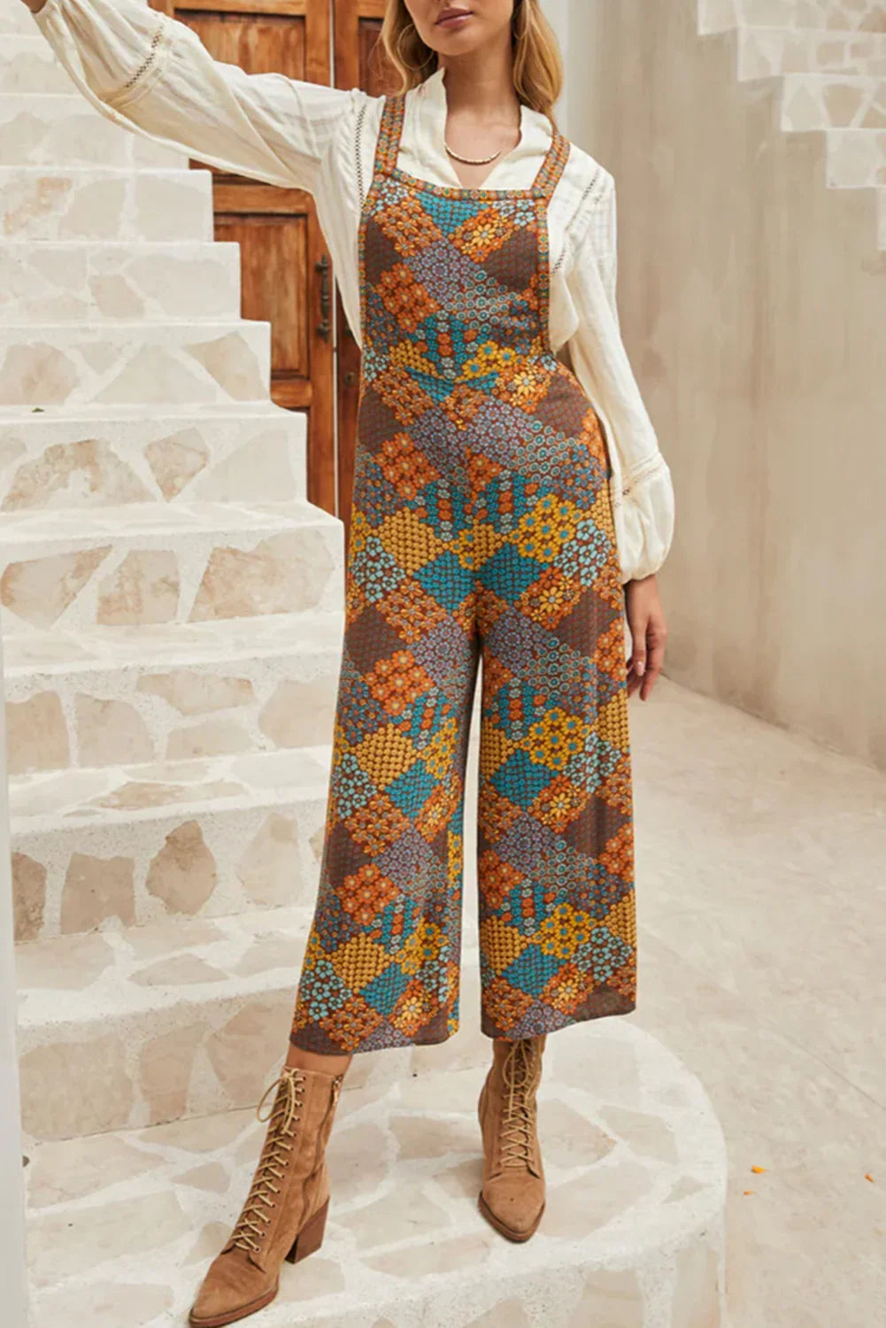West Harlem Multicolour Boho Floral Print Crossed Straps Ankle-length Jumpsuit