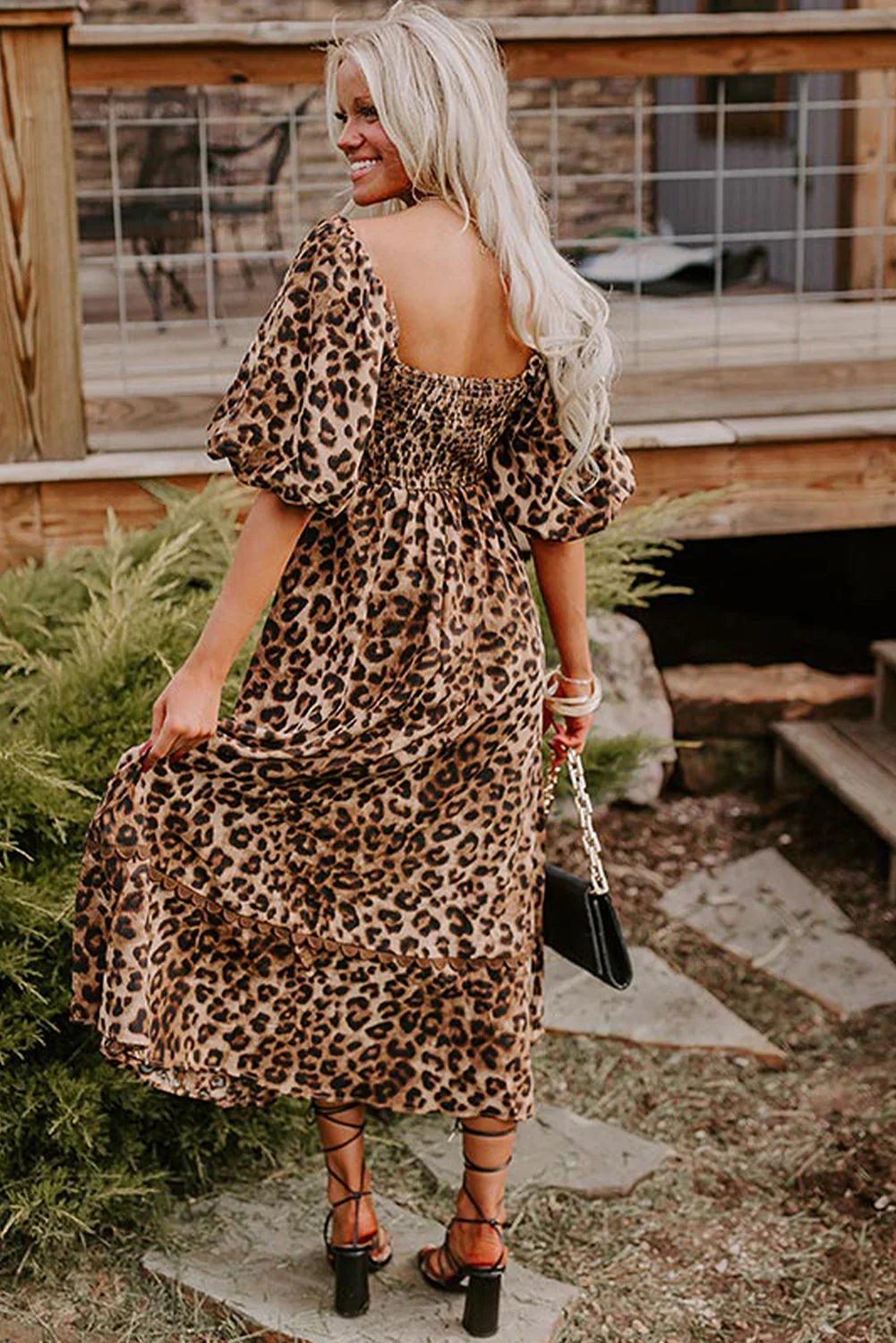 Sacha Brown Leopard Print Bubble Sleeve Square Neck Maxi Dress