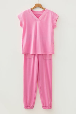 Rita Solid V-Neck Drawstring Two Piece Sets