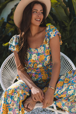 East Harlem Yellow Floral Allover Print Shirred Cut Out High Waist Jumpsuit