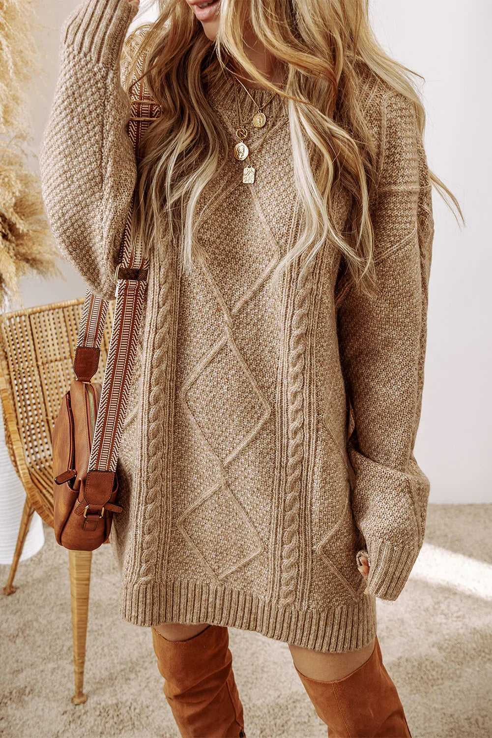 Beruka Parchment Cable Knit Drop Shoulder Loose Fit Sweater Dress