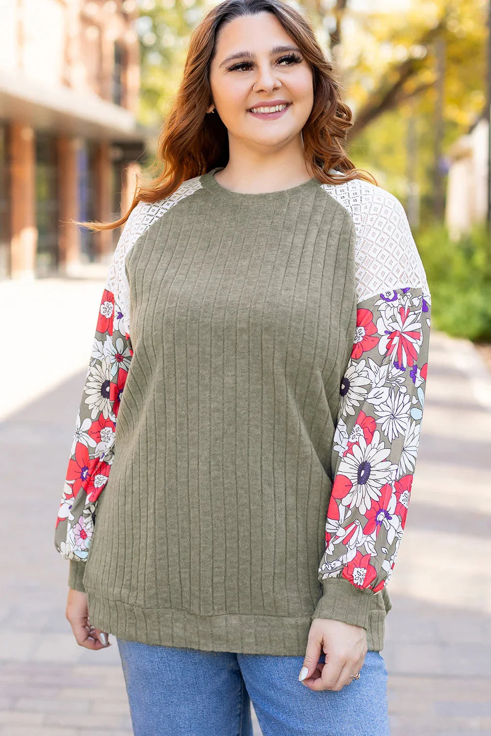 Vineyard Green Plus Size Textured Floral Patchwork Raglan Sleeve Top