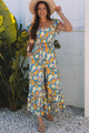 East Harlem Yellow Floral Allover Print Shirred Cut Out High Waist Jumpsuit