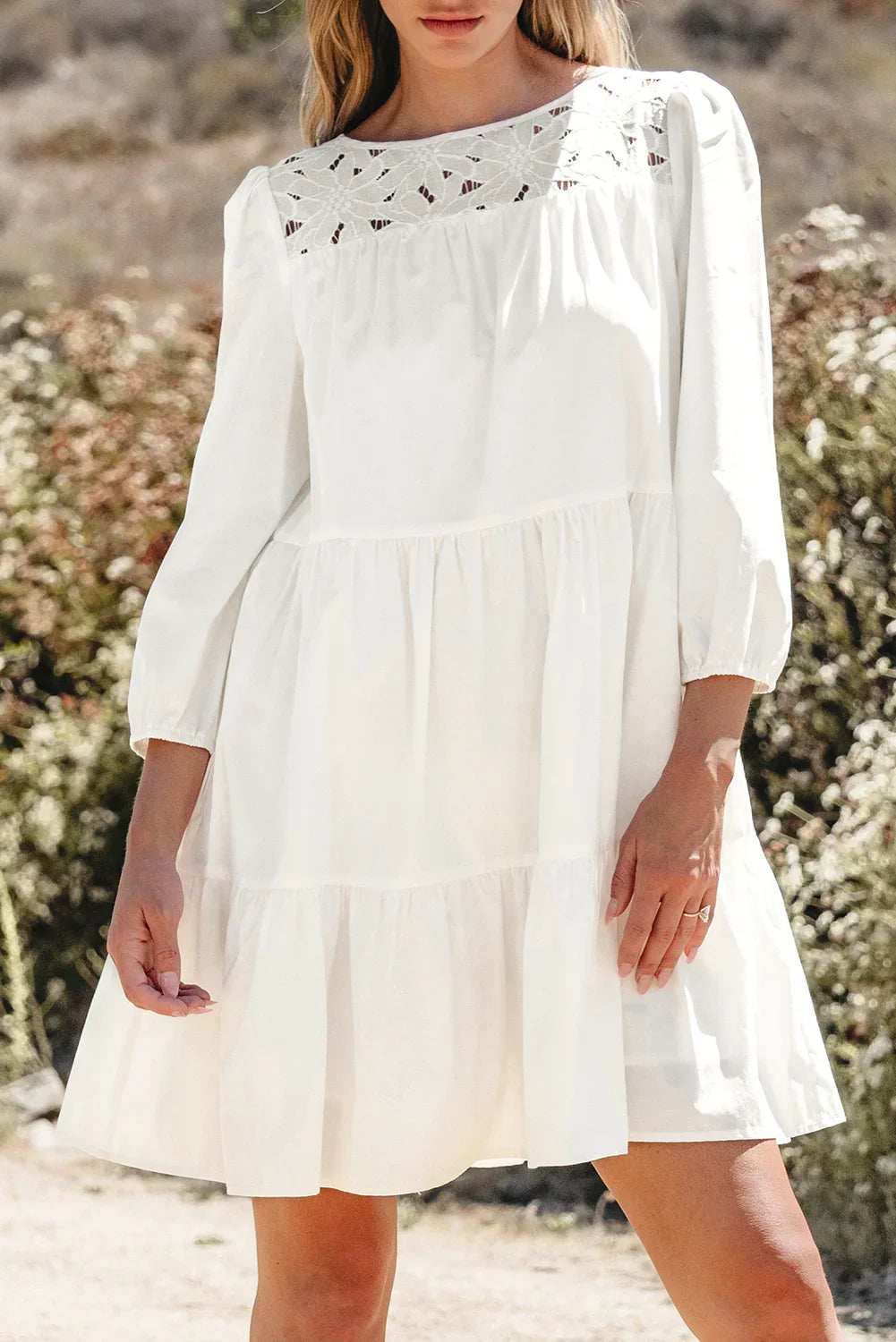July White Floral Lace Patchwork Bracelet Sleeve Tiered Mini Dress