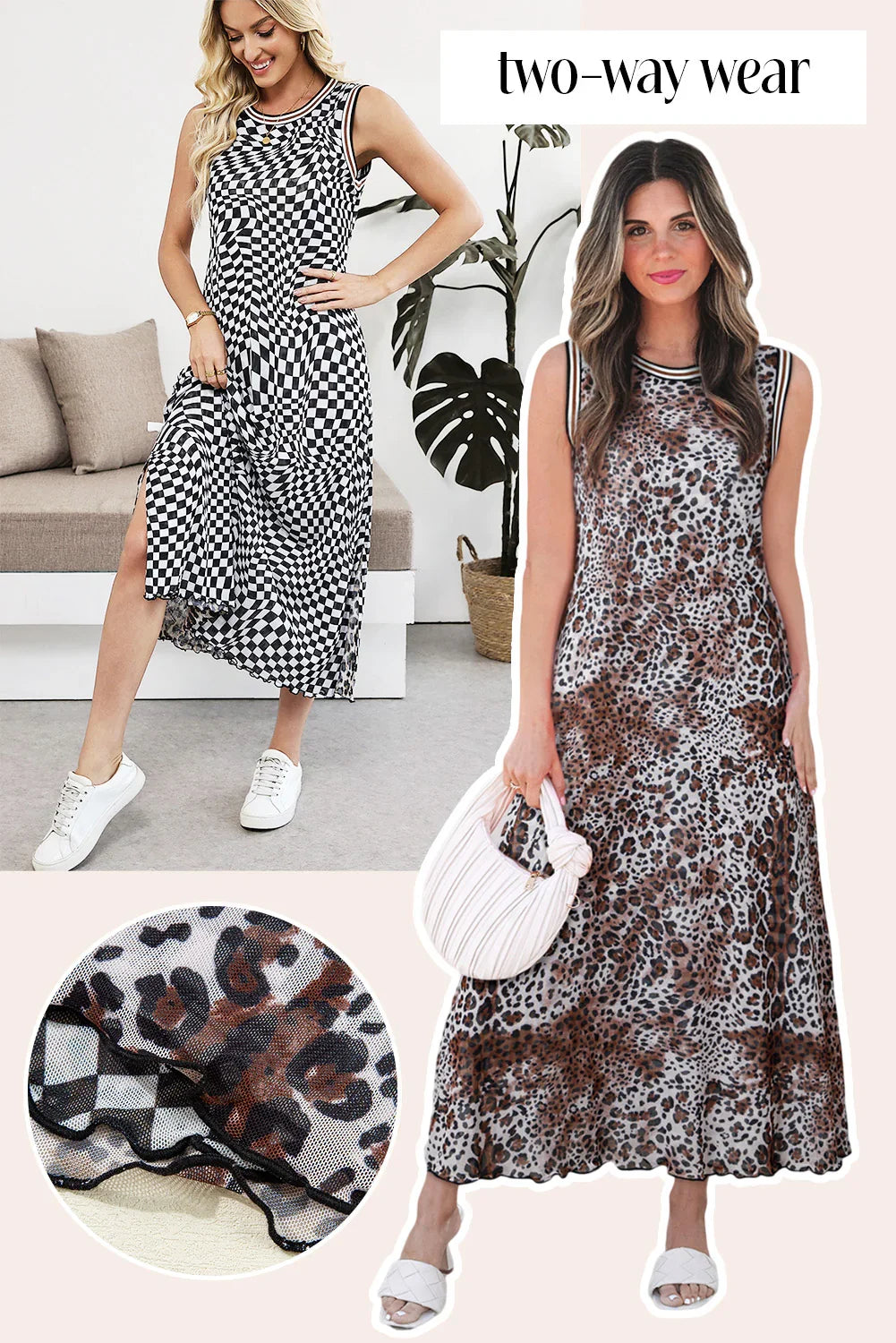 Sterline Multicolour Leopard Checkered Double Printed Reversible Sleeveless Long Dress