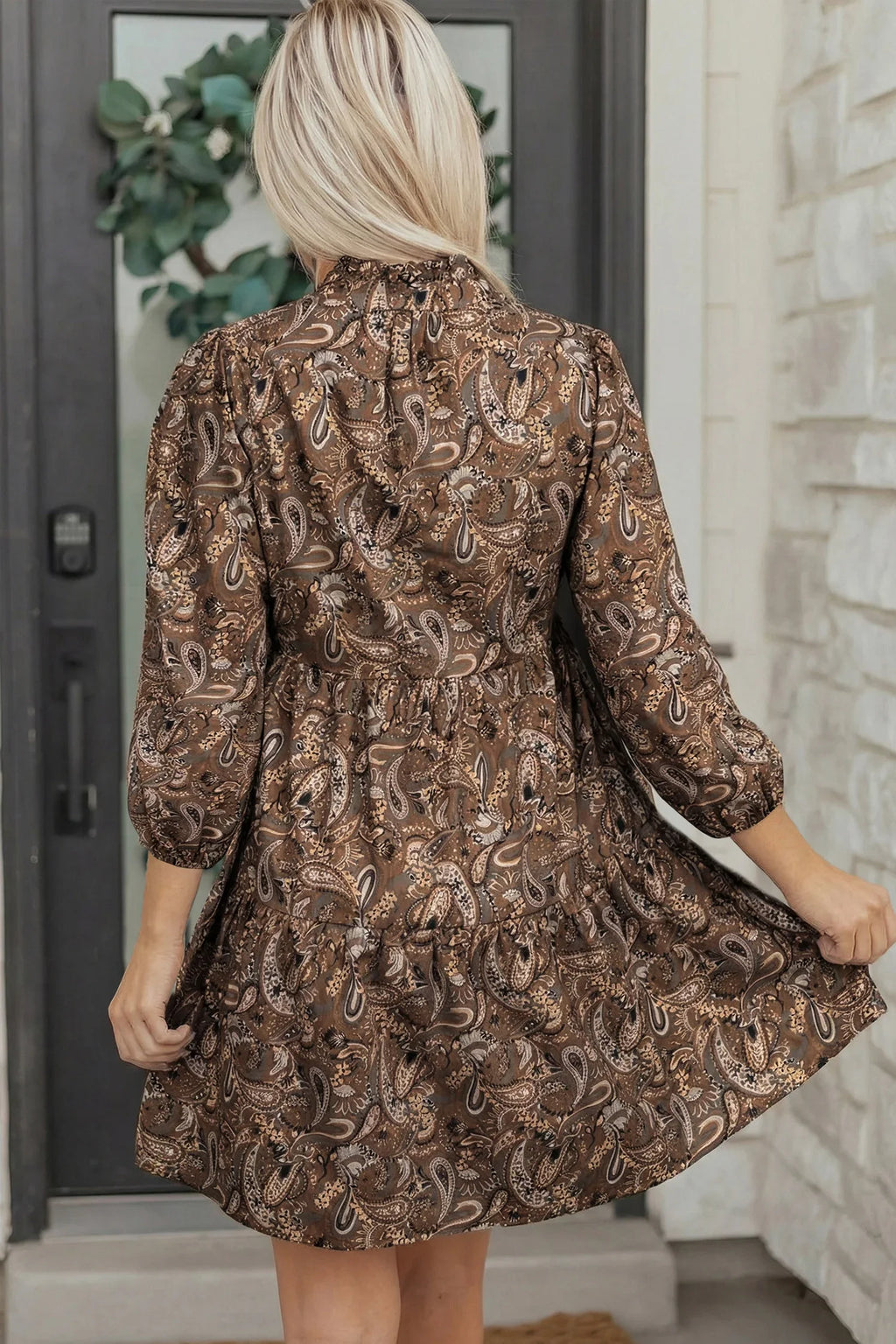 Dumbo Brown Paisley Print Half Buttons Puff Sleeve Flowy Short Dress