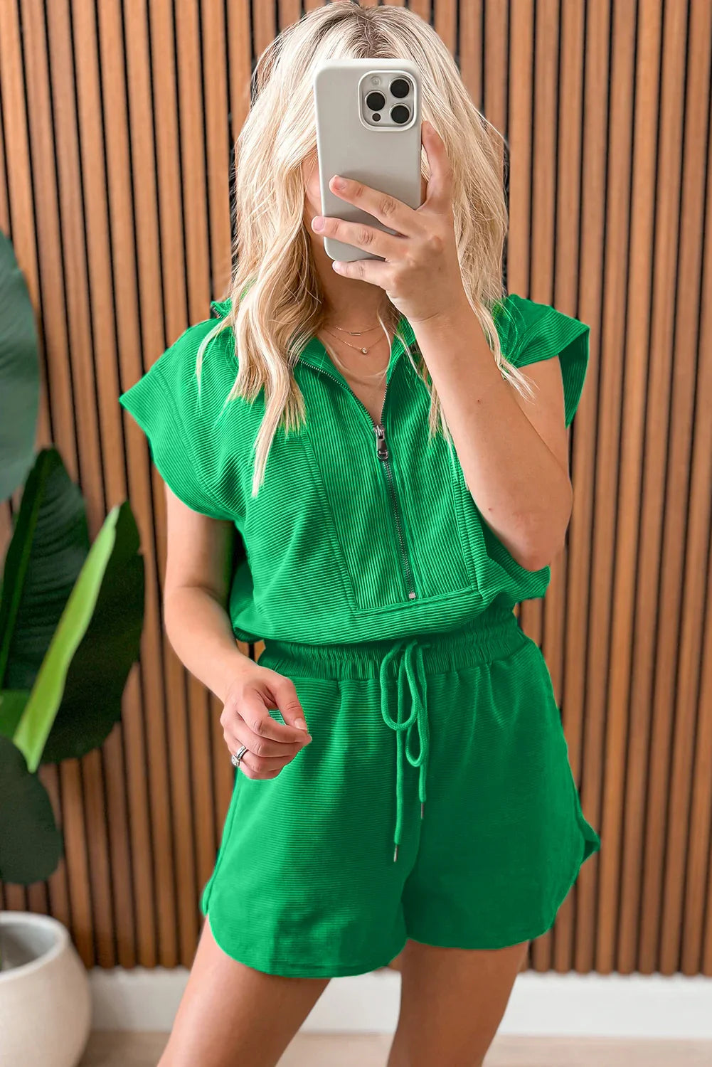 Vectar Bright Green Textured Short Sleeve Half Zip Drawstring Elastic Waistband Romper