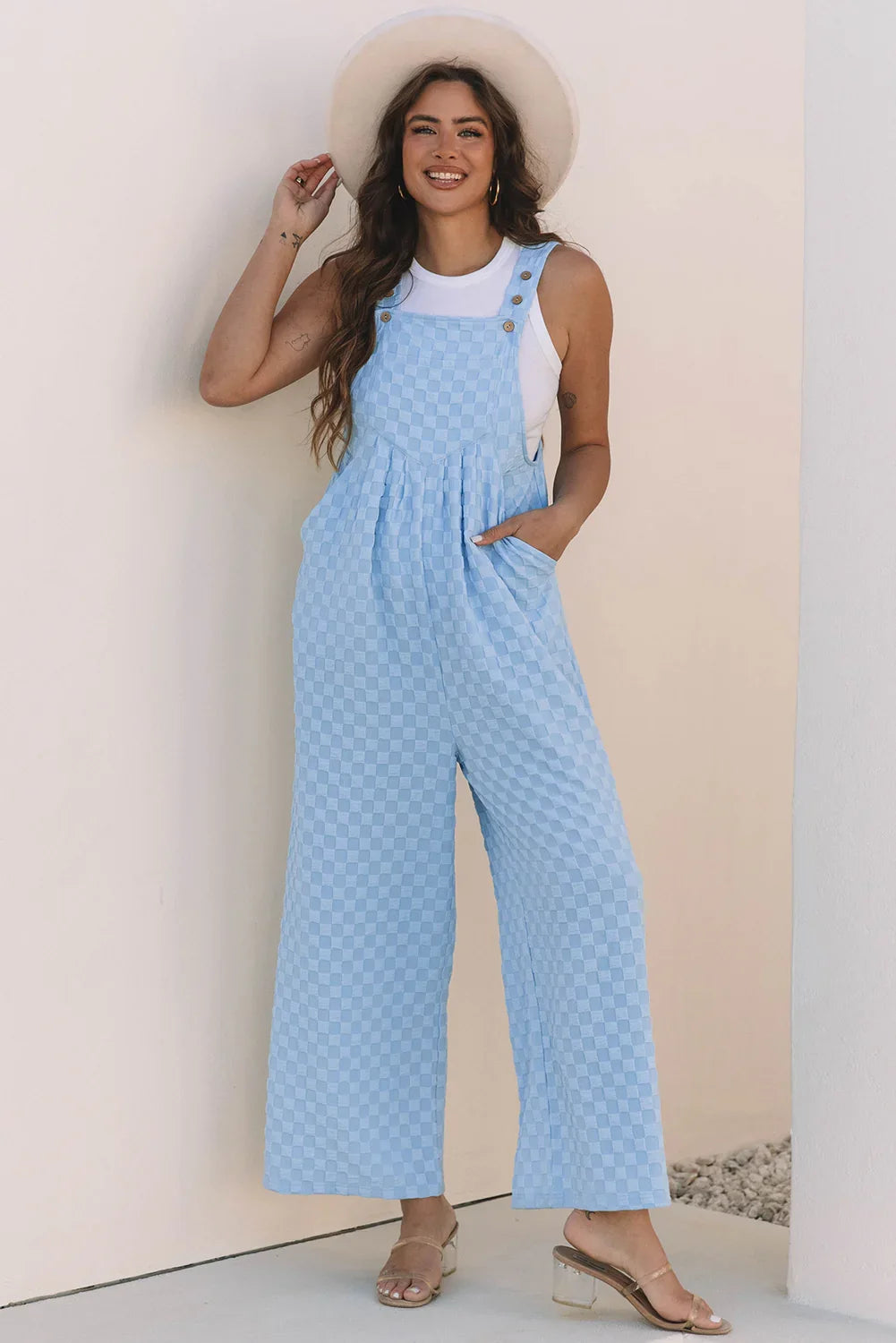 Gates Beau Blue Checkered Pocketed High Waist Wide Leg Overall