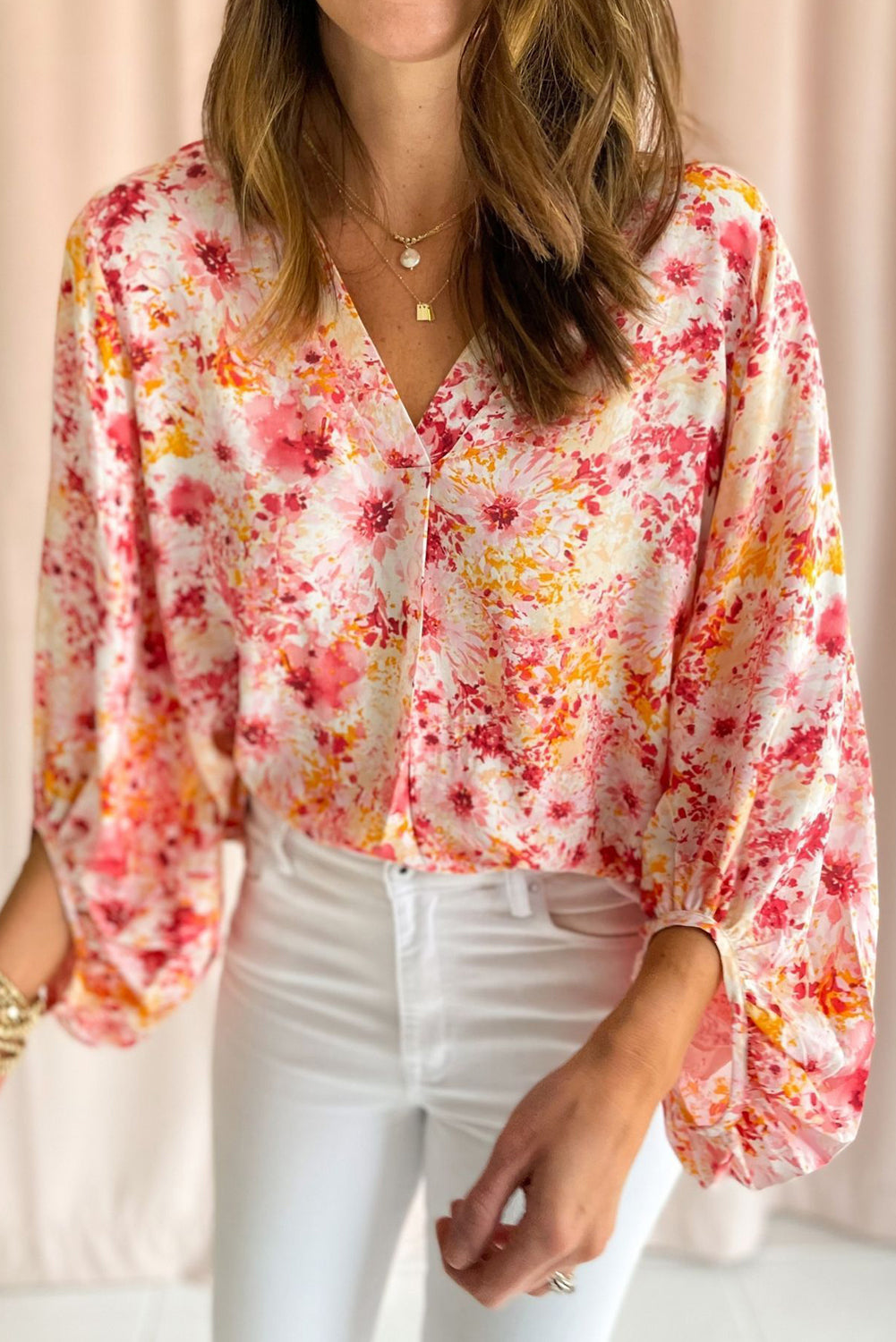 Pink Floral Bubble Sleeve V Neck Blouse