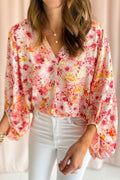 Pink Floral Bubble Sleeve V Neck Blouse