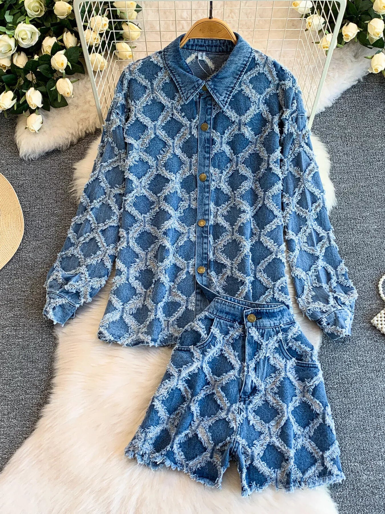 Martha Distressed Diamond Pattern Two Piece Sets