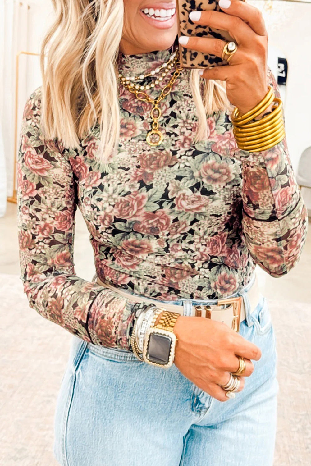 Retro Floral Print Mock Neck Long