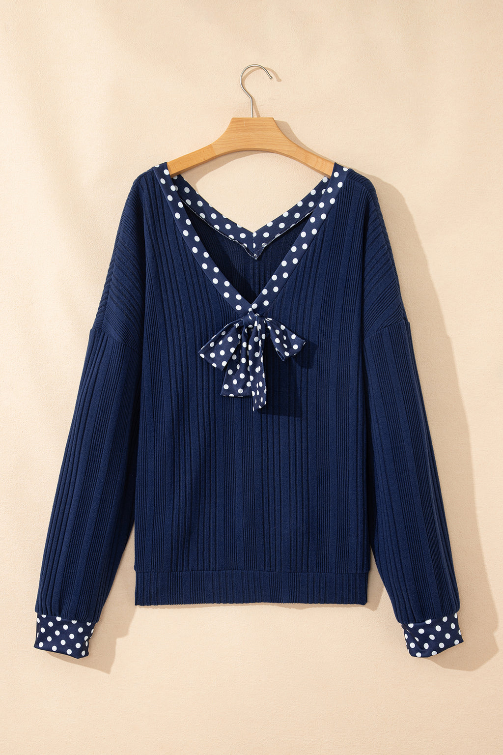 Polka Trimmed V Neck Bow Tie Ribbed