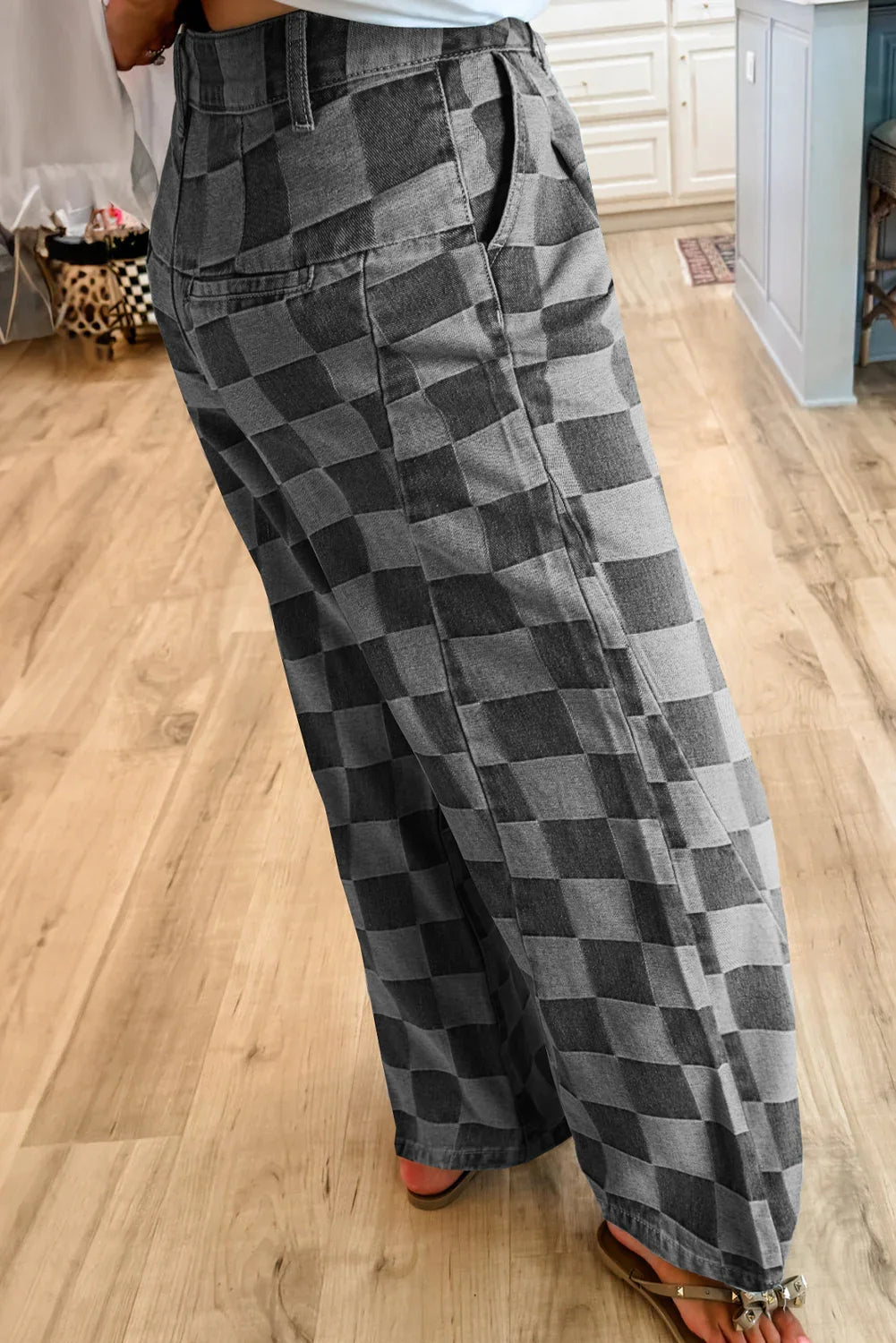 Mia Dark Grey Checkered Denim Wide Leg Jeans