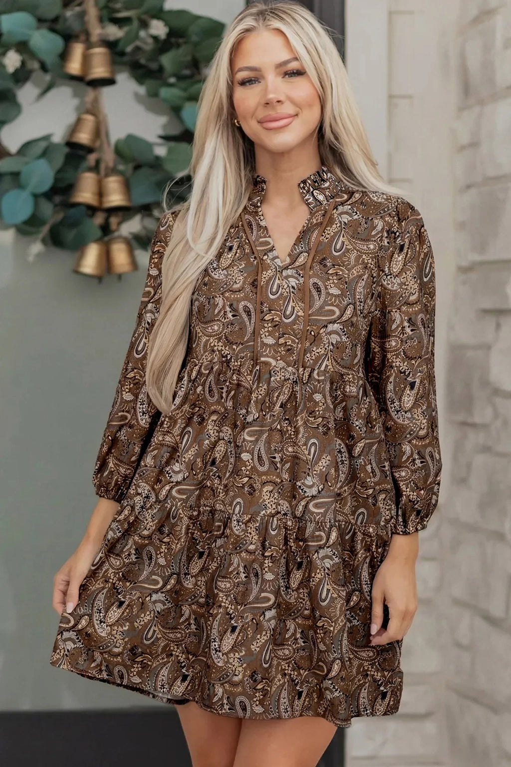 Dumbo Brown Paisley Print Half Buttons Puff Sleeve Flowy Short Dress