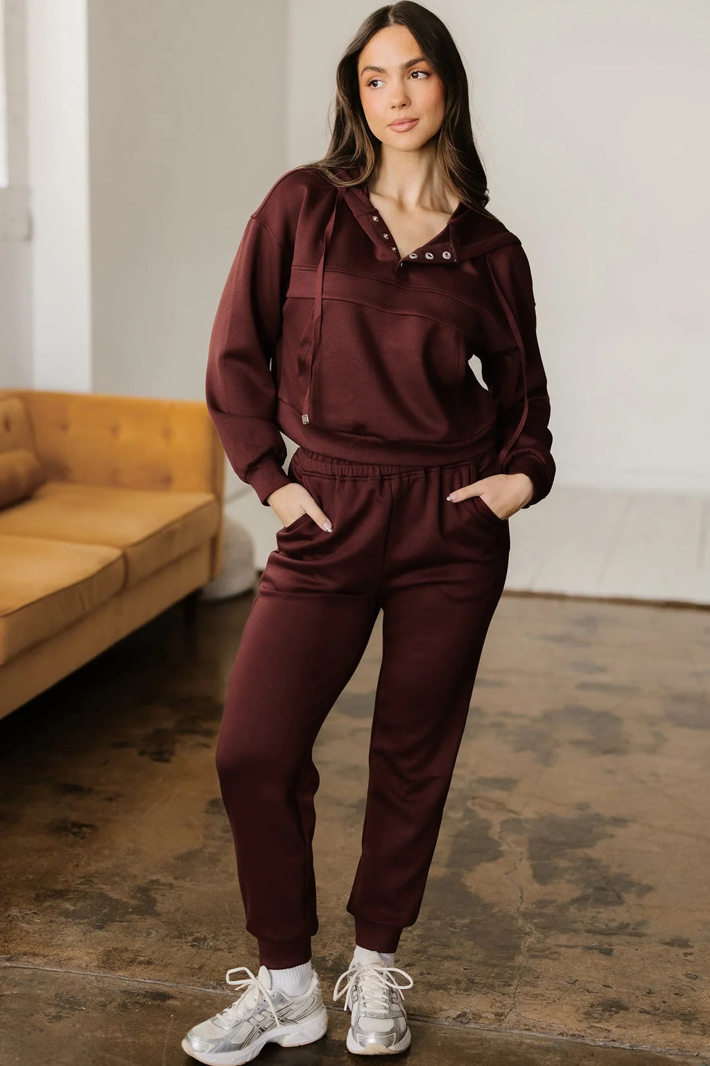Chicory Coffee Button Drawstring Cropped Hoodie Jogger Set
