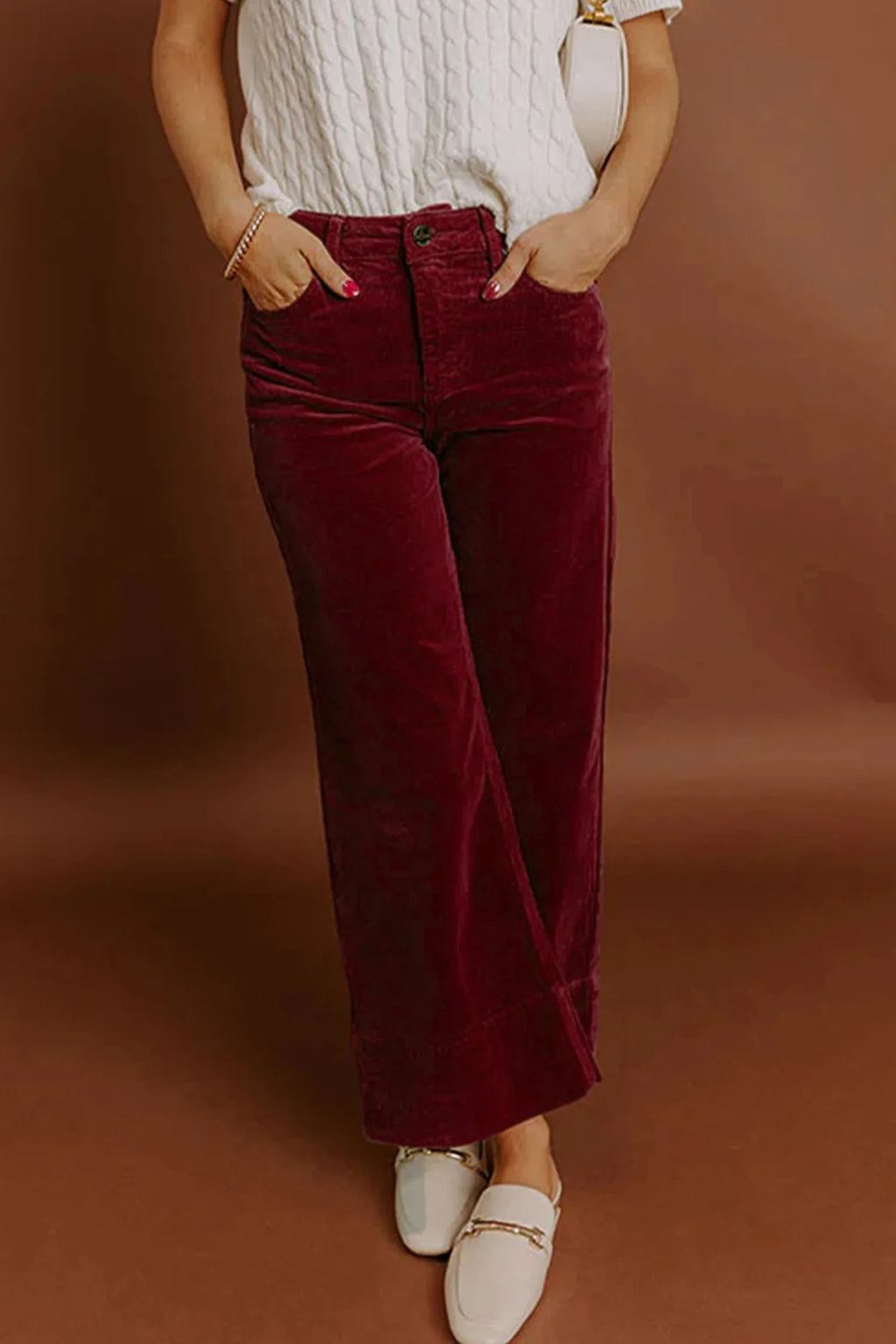Jady Burgundy Corduroy Solid Color High Waist Wide Leg Pants