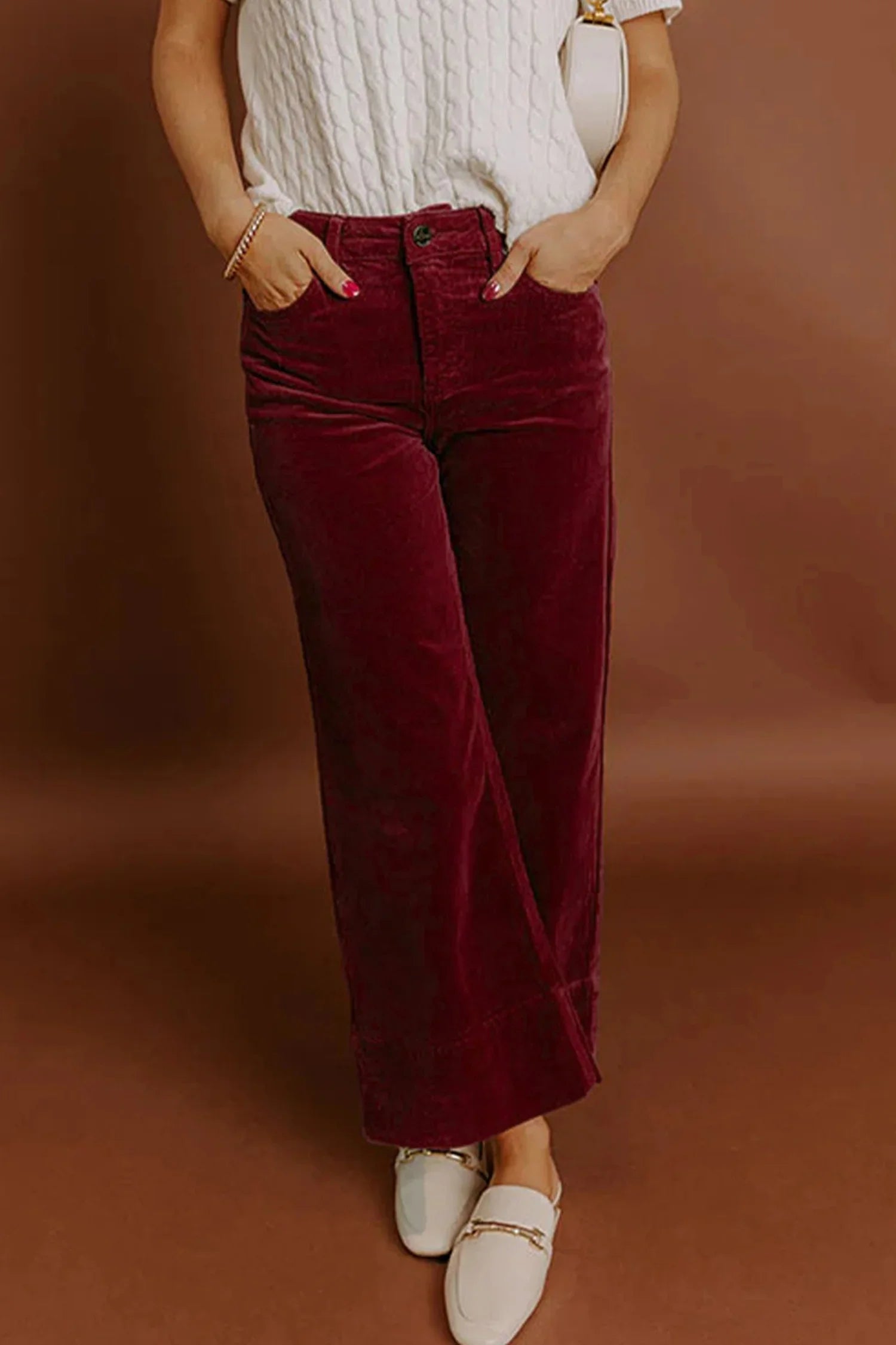 Jady Burgundy Corduroy Solid Color High Waist Wide Leg Pants