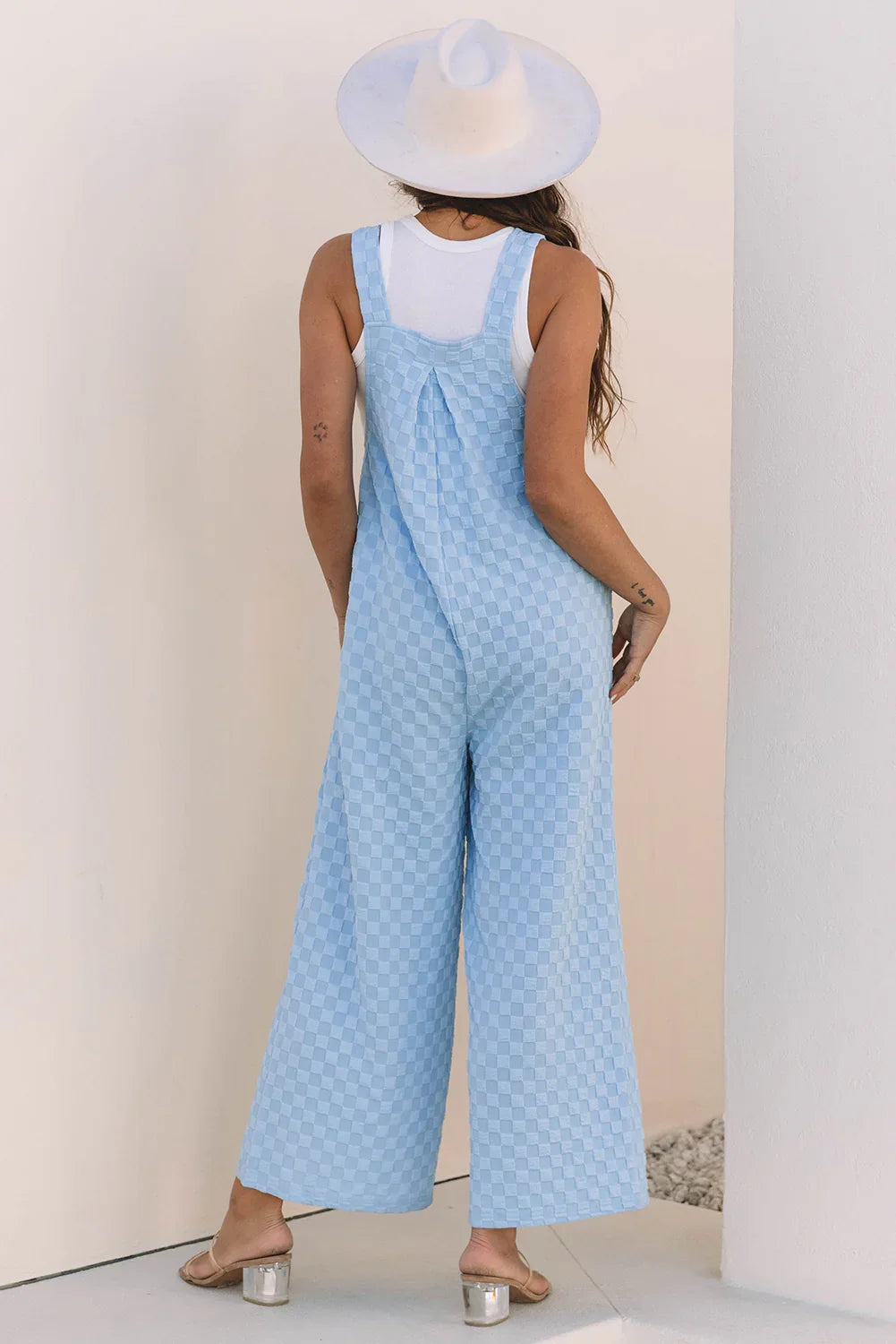 Gates Beau Blue Checkered Pocketed High Waist Wide Leg Overall