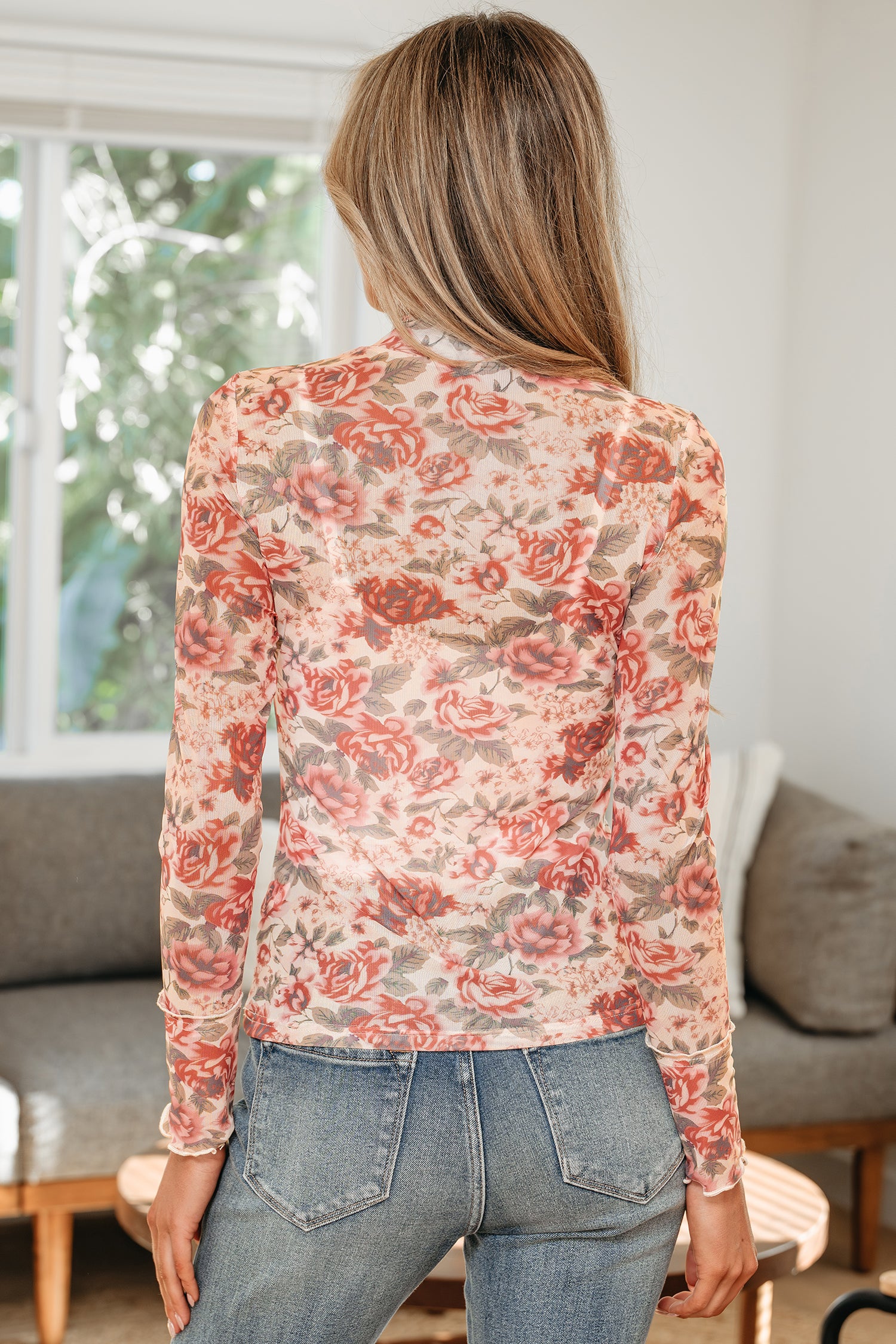 Retro Floral Print Mock Neck Long