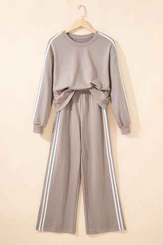 Gray Morn Varsity Striped Detail Crewneck Pullover Two Piece Outfit