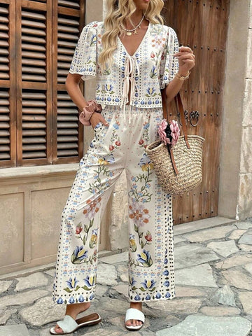 Wanda Floral Print Tie-Front Two Piece Sets