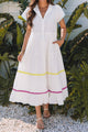 Londra White Colorblock Rickrack Trim Short Sleeve Drawstring Waist Long Dress