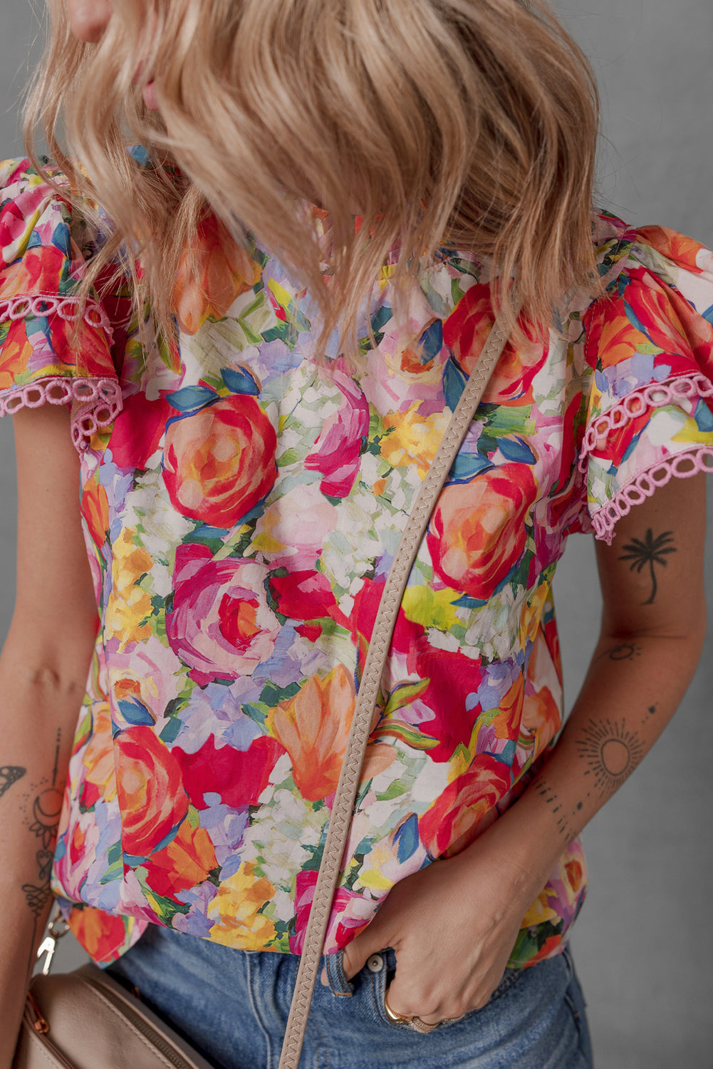 Lace Trim Ruffle Sleeve Floral
