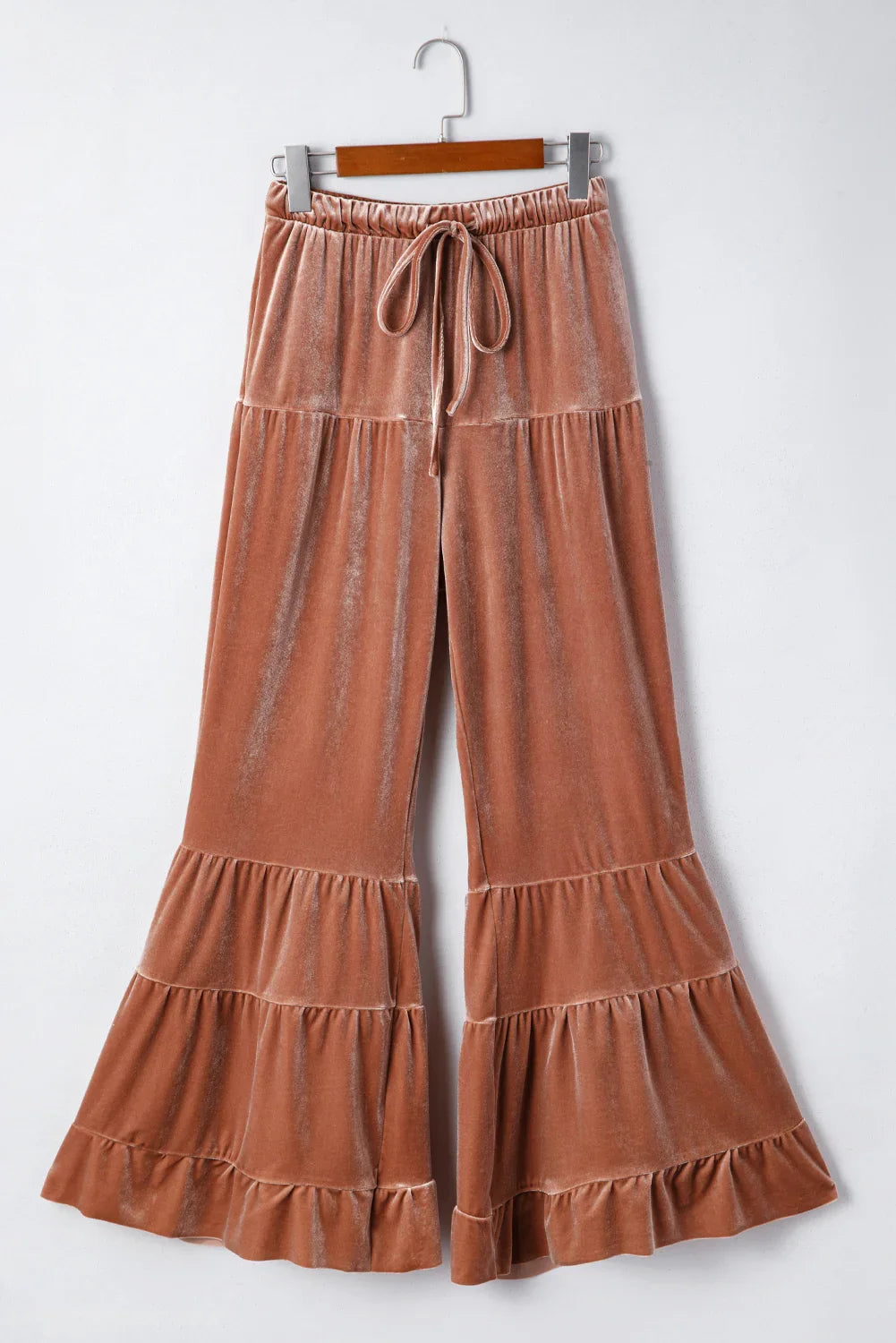 Glunel Straw Yellow Mineral Wash Lace-up High Waist Tiered Bell Bottom Pants
