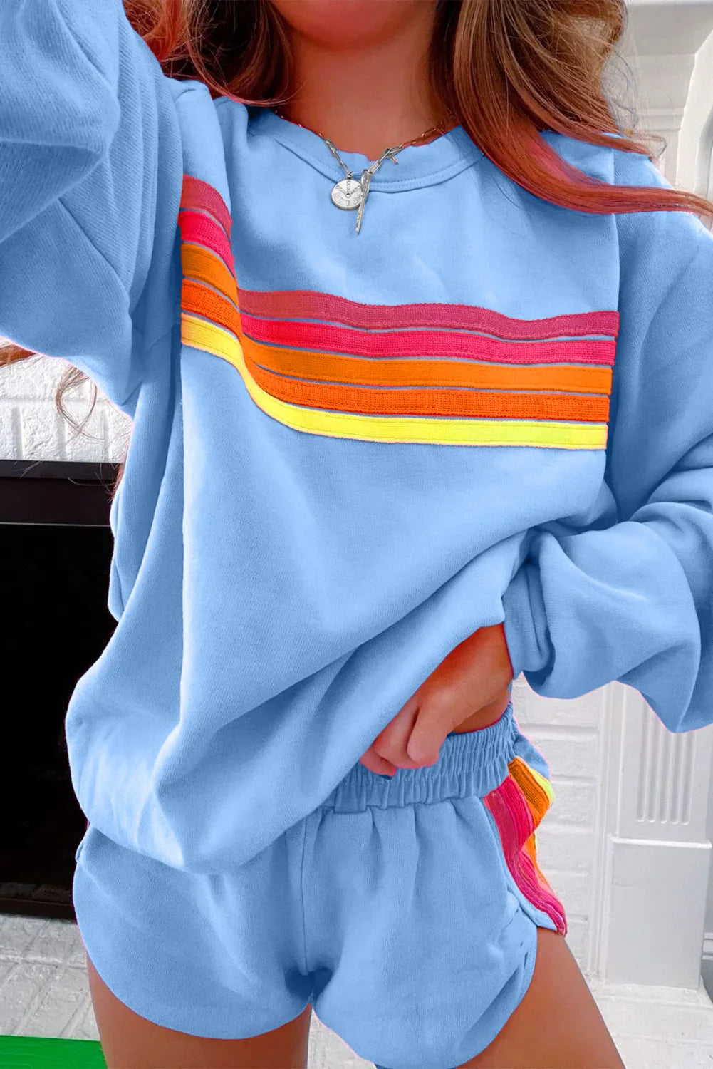 Isira Beau Blue Accent Pullover and Shorts Two Piece Casual Set