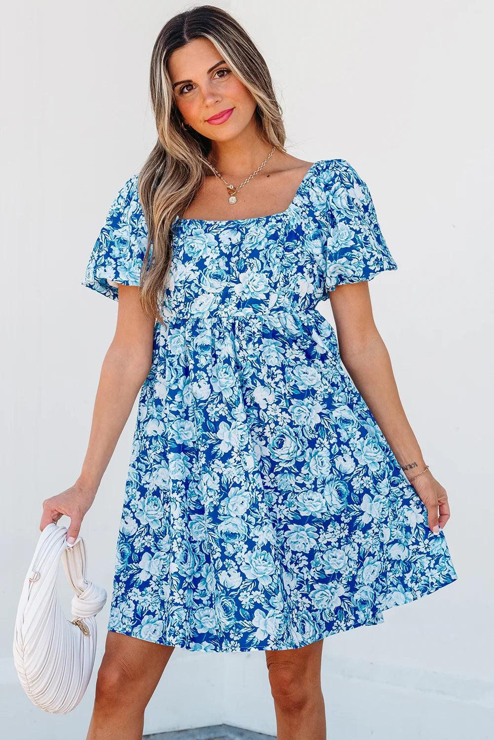 Bowly Blue Floral Puff Sleeve Babydoll Mini Dress