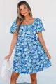 Bowly Blue Floral Puff Sleeve Babydoll Mini Dress