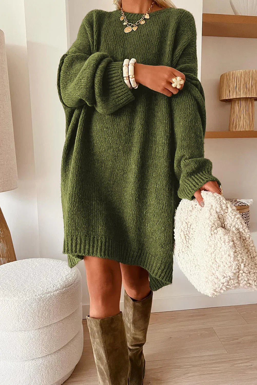 Green Oversize Drop Shoulder Slouchy Sweater Dress