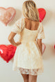Tribeca Apricot Sequined Lace Mesh Bubble Sleeve Square Neck Dress