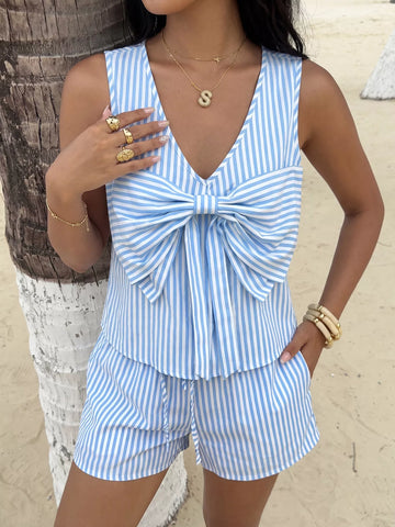 Pamela Striped Bowknot Sleeveless Two Piece Sets