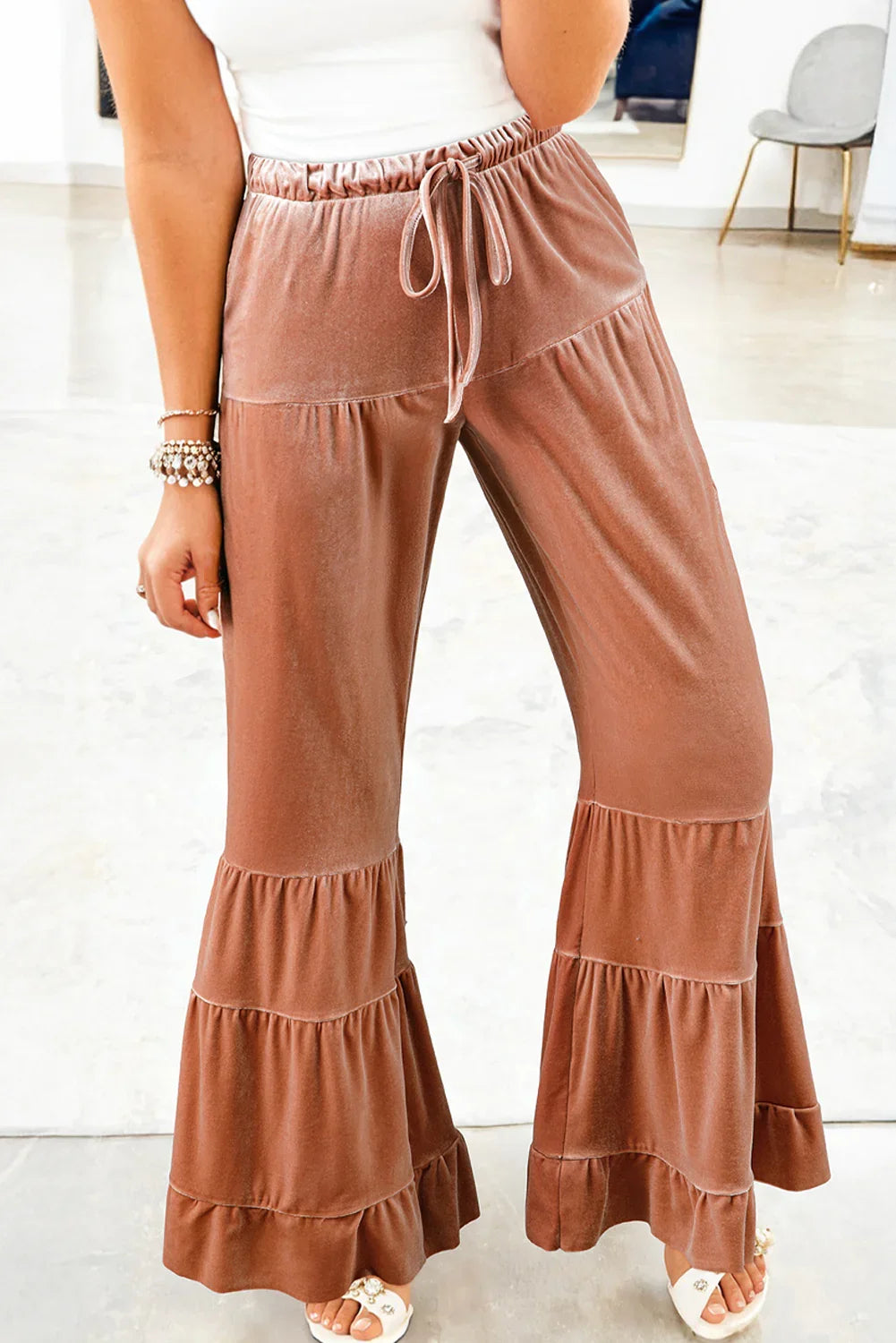 Glunel Straw Yellow Mineral Wash Lace-up High Waist Tiered Bell Bottom Pants
