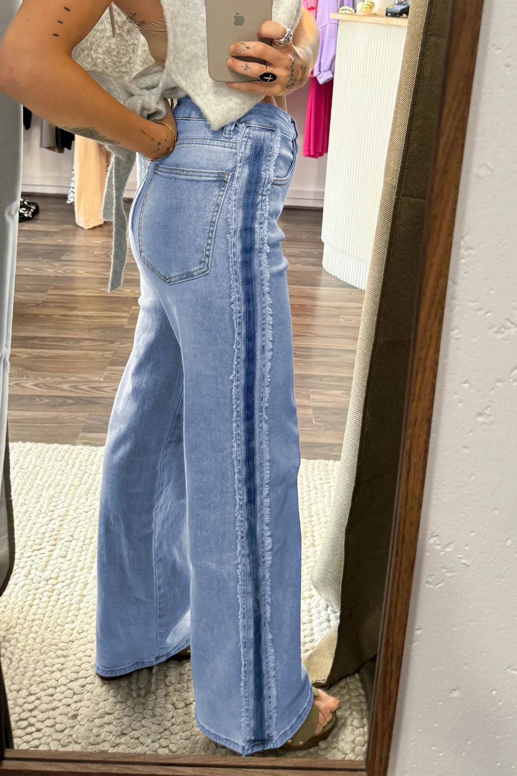 Charlie Beau Blue Contrast Stripe Frayed Side Panel Patchwork Shift Jeans