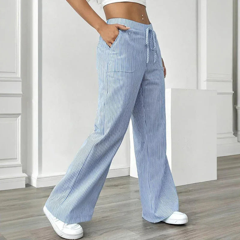 Women's Striped Print Straight Wide Leg Pockets Pants Casual Long Pants