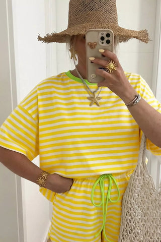 Sonia Stripe Contrast Neck Loose Two Piece Sets