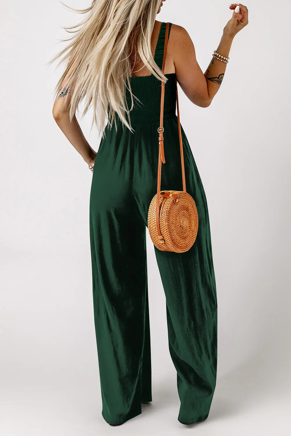 Amanda Green Smocked Sleeveless Wide Leg Jumpsuit with Pockets