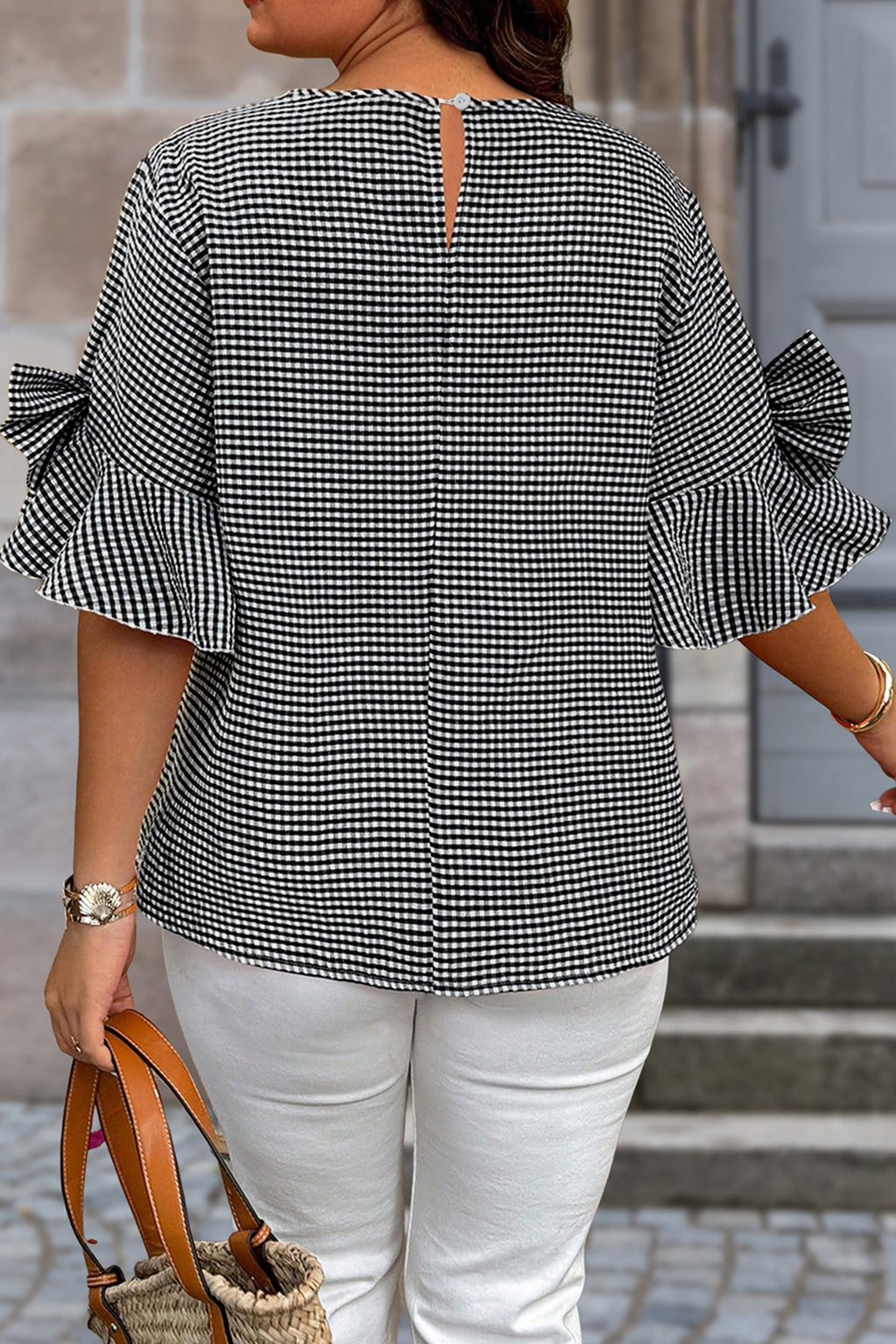 Plaid Bow Decor Bell Sleeve Round Neck